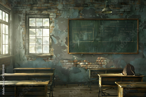 Broken black board. Unhappy student in old classroom include old desks, a dusty blackboard, torn textbooks, and school.