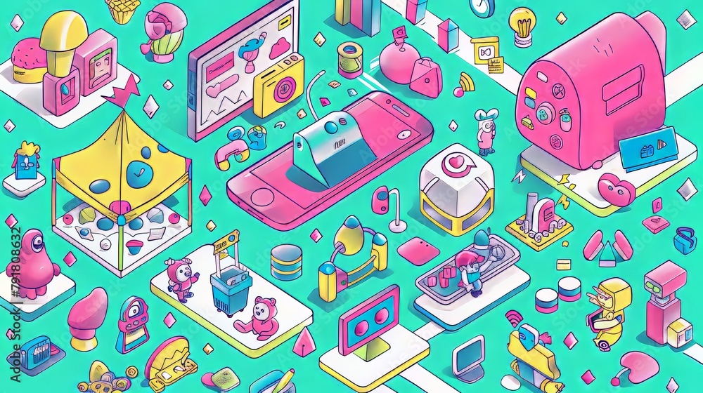 An infographic concept with tiny characters interacting with gadgets, using computers, communicating and chatting in internet networks around large smartphones in an isometric 3D modern line art An infographic concept with tiny characters interacting with gadgets, using computers, communicating and chatting in internet networks around large smartphones in an isometric 3D modern line art