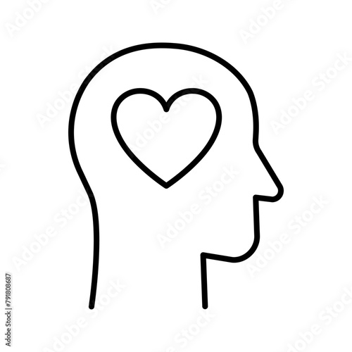 Human head with heart shape inside icon. Thinking with heart concept.