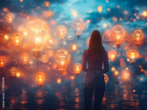 A woman stands in front of a sea of glowing lights, with the lights surrounding her like a glowing aura. The scene is surreal and dreamlike, with the woman appearing to be in a world of imagination