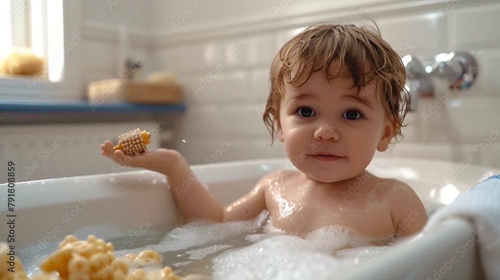 Generative AI : a cute toddler boy in a bathtub, toddler happily playing with a small toy Generative AI : a cute toddler boy in a bathtub, toddler happily playing with a small toy