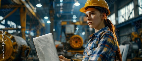 In the background are a variety of metalwork project parts lying on the ground and a female industrial engineer using her laptop computer while standing in a factory while wearing a hard hat. photo