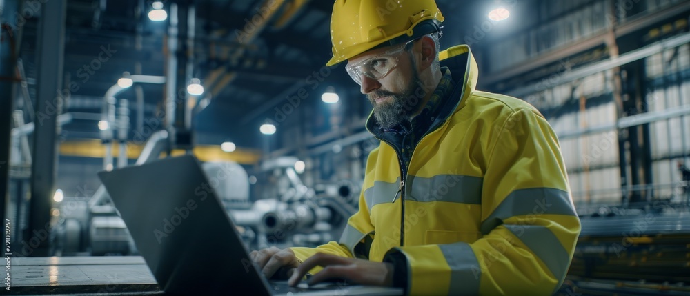 An industrial engineer wearing a hard hat and safety jacket uses a laptop in the heavy industry manufacturing factory. The processes of various metalworking operations are underway. An industrial engineer wearing a hard hat and safety jacket uses a laptop in the heavy industry manufacturing factory. The processes of various metalworking operations are underway.