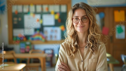 Confident teacher in classroom, smiling warmly, arms crossed, surrounded by educational posters, embodying lifelong learning and mentoring spirit. photo
