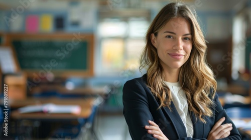 Confident young female teacher smiling in classroom, dressed in business attire, school education and professional theme.