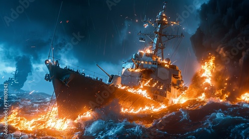 Dramatic naval ship engulfed in fiery waves under stormy skies, evoking scenes of maritime disaster and heroic survival in tumultuous ocean.