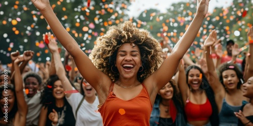 Joyful young woman with curly hair celebrating at summer festival with diverse friends, vibrant colors, festival vibe.