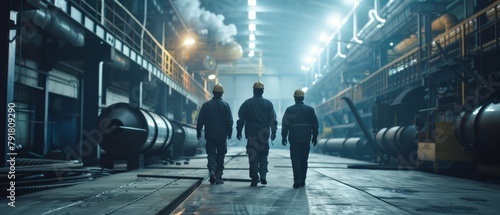 The following picture shows three engineers walking through a heavy industry manufacturing facility. Behind them is welding work in progress, various metal work, and components of a pipeline or photo