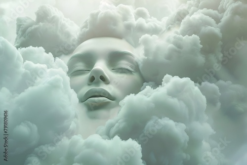 Dreamy Serenity - Surreal 3D Render of a Floating Head Cradled by Fluffy,Ethereal Clouds