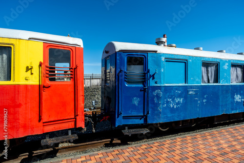 Old passenger cars at the railway station.