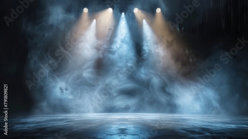 Lights illuminate a stage. Empty scene with spot of light on the floor. Modern realistic illustration of a studio, theater or club interior with beams of lamps, smoke and glowing particles. © Mark