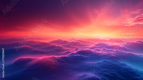 Electric ocean waves under a fiery gradient sunset, Generative AI