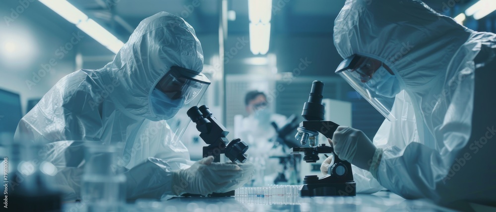 Engineering workers wear sterile cleanroom suits to control and adjust manufacturing machinery. They employ microscopes for component research and adjustments. Engineering workers wear sterile cleanroom suits to control and adjust manufacturing machinery. They employ microscopes for component research and adjustments.