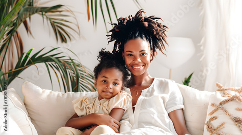 Jeune femme noire posant avec sa petite fille dans le canapé du salon photo