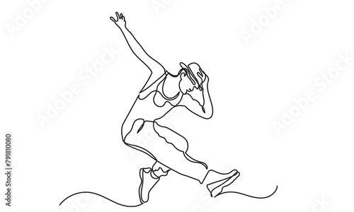 continuous line drawing of a young boy energetic hip-hop dancer man practicing.Single line art concept of male hip-hop dance. Vector illustration.