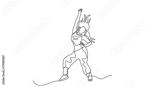 continuous line drawing of a young girl energetic hip-hop dancer woman practicing.Single line art concept of female hip-hop dance. Vector illustration.