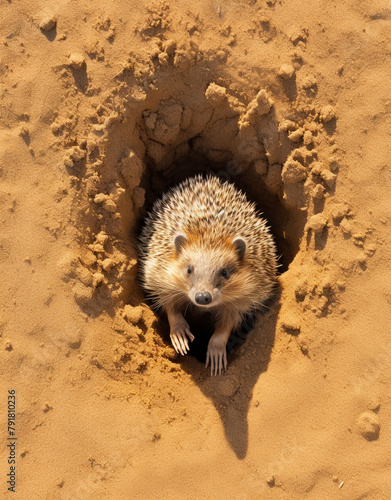 aerial view, desert headgehog, reallife animals, sand desert сreated with Generative Ai photo