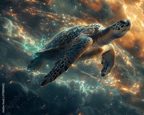 A serene scene featuring a turtle gracefully navigating through a cosmic galaxy    high resulution clean sharp focus