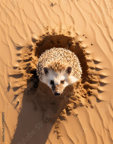 aerial view, desert headgehog, reallife animals, sand desert сreated with Generative Ai
