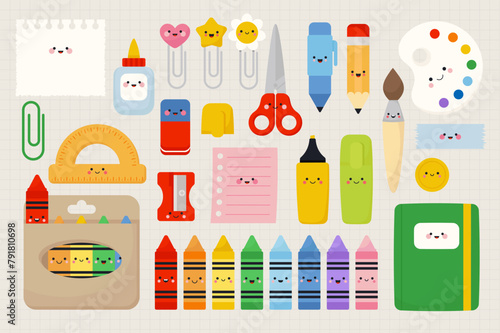 Cute school supplies characters set. Vector illustrations in kawaii style