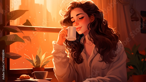 young woman holding cup of tea with coffee in cafe