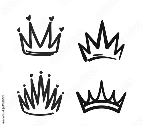 Doodle Crowns, Playful, Quirky Hand-drawn Diadems, Tiaras, And Regal Headpieces. Monochrome Vector Graphics