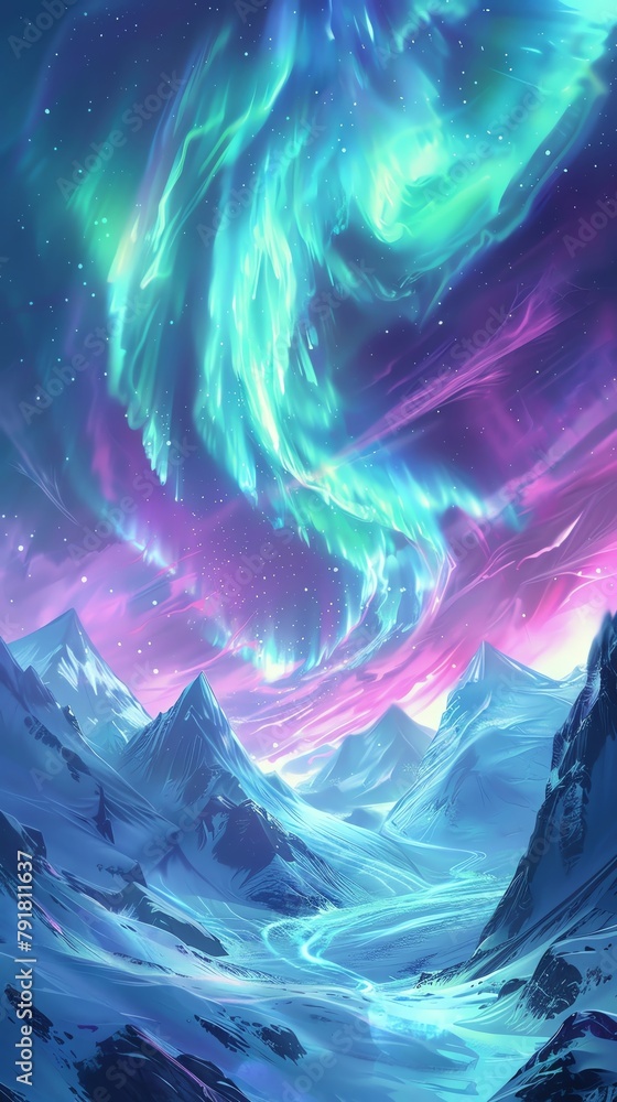 Capture the ethereal dance of vivid neon colors swirling across the night sky in a photorealistic digital illustration of a long shot Aurora Envision a breathtaking scene of aurora borealis stretching