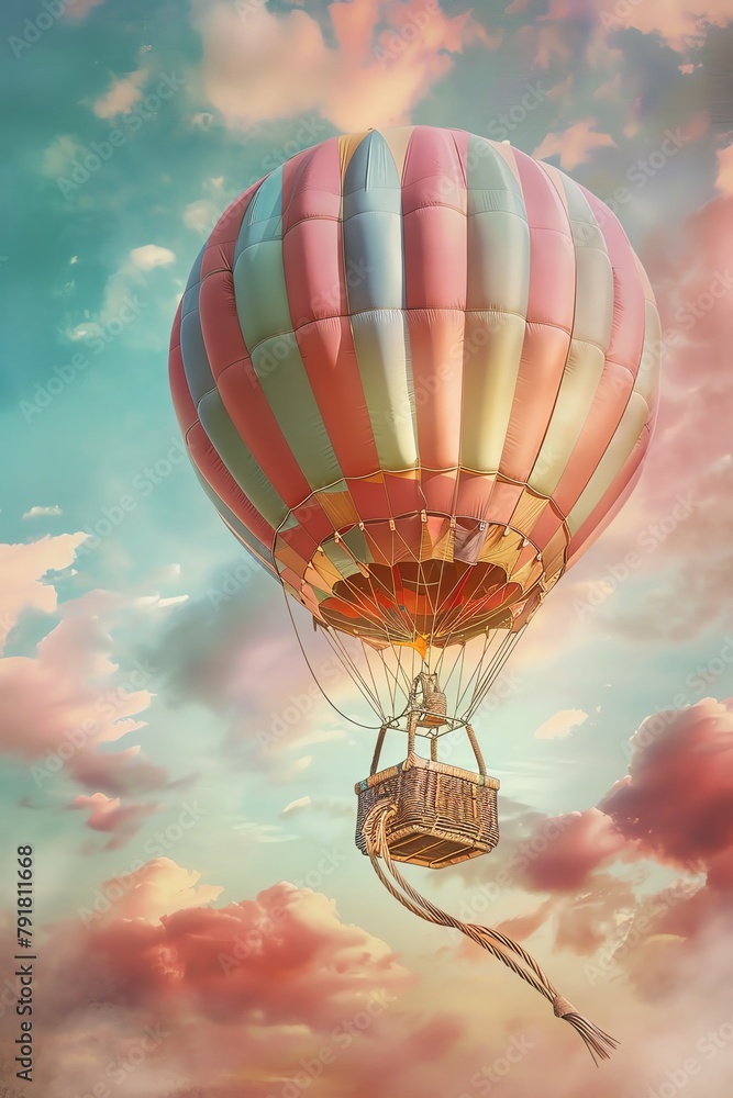 Obraz premium Capture the serene beauty of a colorful hot air balloon drifting across a soft, pastel sky, showcasing intricate details like delicate ropes and a wicker basket, in a photorealistic digital painting