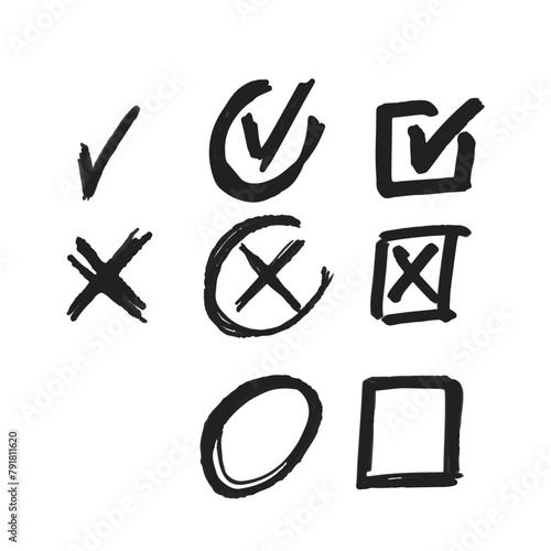 Doodle Cross and Check Marks. X Symbol Indicating Incorrect Or Negative, While A Check Mark V Symbol Indicating Correct