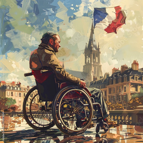Paralympic games in France 2024 wallpaper design, man with disabilities looks at French architecture. AI generation photo