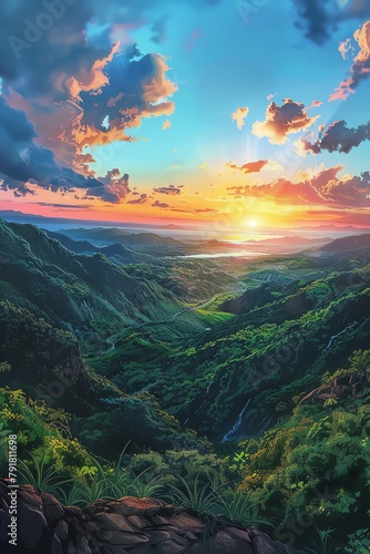 Craft a breathtaking digital painting of a panoramic view Soaring above a lush valley  capturing the vivid sunset colors glimmering across the landscape in a photorealistic style
