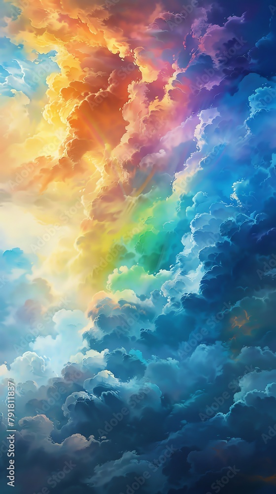 Craft an oil painting close-up of a rainbow breaking through dense clouds, showcasing vibrant colors blending seamlessly, capturing the fleeting moment of calm after a storm