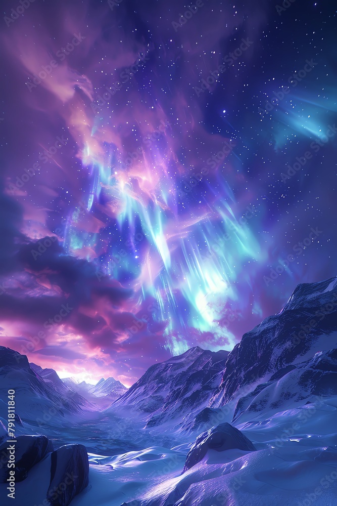 Craft a photorealistic scene of the Northern Lights at eye level, using CG 3D techniques to emphasize the intricate patterns and dynamic movement Ensure the lights appear vibrant and realistic, castin