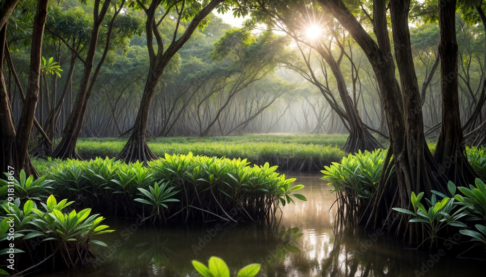 Forest Absorption Early morning light filters through the dense green leaves of a ...
