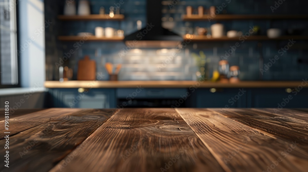 Wooden tabletop against blurred dark kitchen background for product mockups and display montages