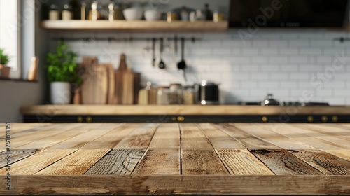 Wooden tabletop against blurred kitchen background for product mockups and display montages on scandinavian style