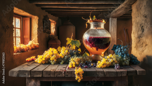 photo wine prepared according to a traditional recipe on an old wooden table clusters of grapes nearby