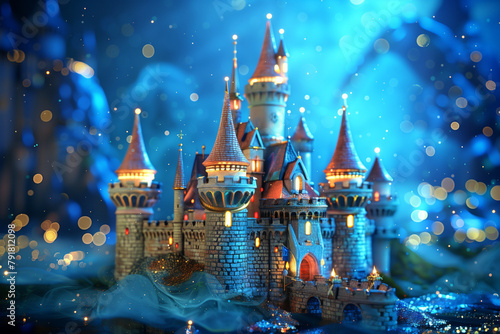 dreamy snapshot showcasing a fantastical 3D fairy tale castle with whimsical turrets and sparkling accents, against a blue background evoking a sense of mystery and imagination, in photo