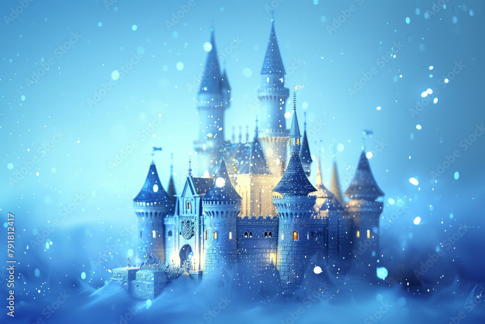 dreamy snapshot showcasing a fantastical 3D fairy tale castle with whimsical turrets and sparkling accents, against a blue background evoking a sense of mystery and imagination, in