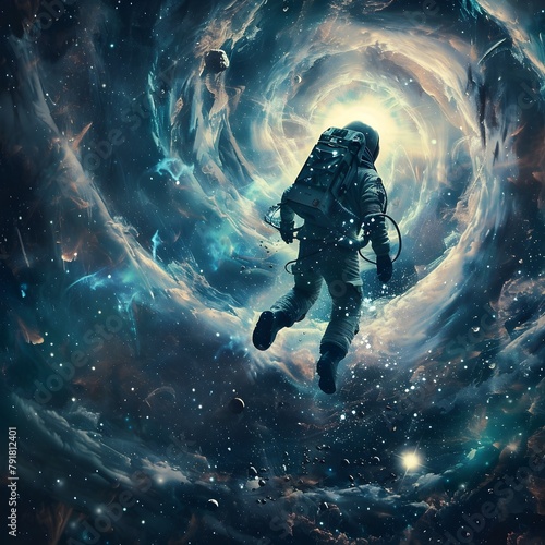 Solitary Astronaut Exploring Mesmerizing Cosmic Realm of Swirling Nebulae and Glittering Stars