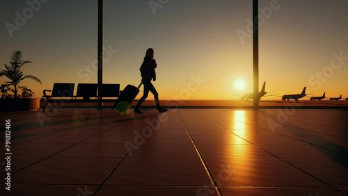 Silhouette of a woman passenger walking with a suitcase through an international airport against the backdrop of sunset and airplanes. The concept of flights, travel, business trips. 3D animation.
