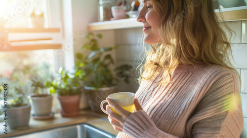 Pregnant woman enjoying a moment of relaxation with a cup of tea