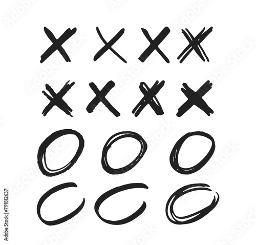 Crosses and Circles Manuscript Marks. Isolated Vector Monochrome X or O Signs on White Background. Writing Symbols