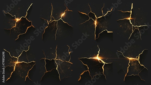 A modern realistic set of cracks on the ground with a golden glow inside and breaks on the surface isolated on black. Realistic modern illustration of a crack in the ground with a golden glow,