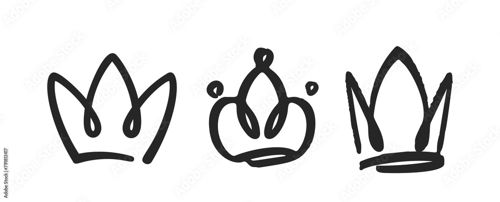 Doodle Crowns Monochrome Vector Elements. Humorous Hand-drawn Diadems, Tiaras, And Royal Headwear For Creative Projects