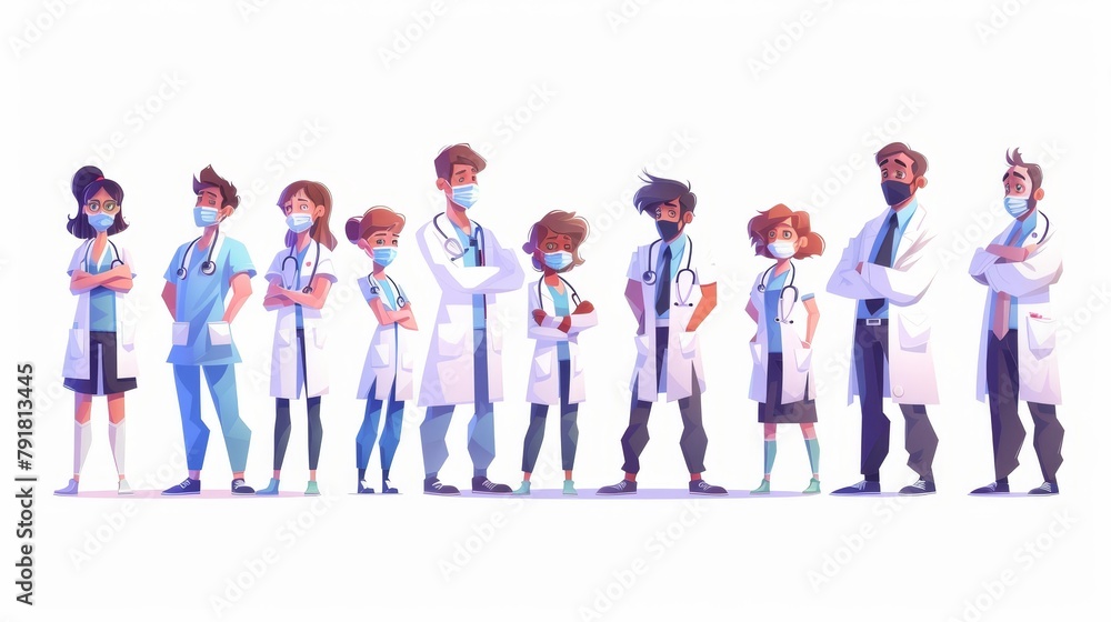 People in white coats, specialists in medicine, physicians, surgeons and dentists wearing masks. Hospital or clinic medical staff in professional uniforms. People in white coats, specialists in medicine, physicians, surgeons and dentists wearing masks. Hospital or clinic medical staff in professional uniforms.