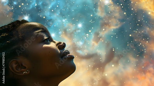 Enchanted Starry Cosmos Ethereal Portrait of Pensive African Woman Gazing into Mystical Galaxy