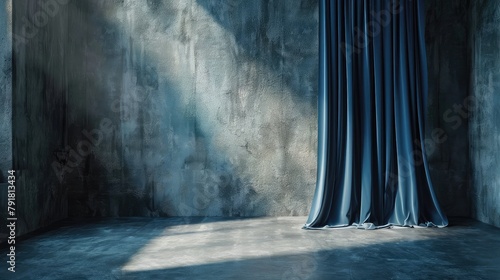 Dark concrete room with blue curtains, light shining through creating dramatic shadows