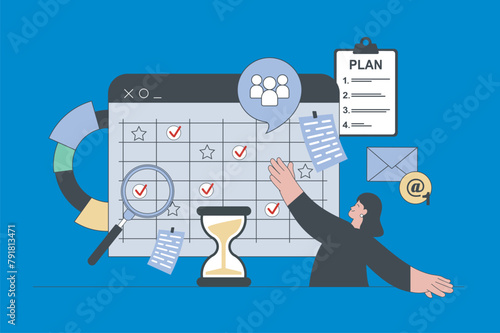 Business planning concept in modern flat design for web. Woman making schedule with meetings at calendar, setting tasks and deadlines. Vector illustration for social media banner, marketing material.