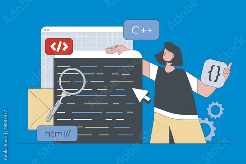 Development concept in modern flat design for web. Woman programming and working with code, creating and preparing product to elease. Vector illustration for social media banner, marketing material.